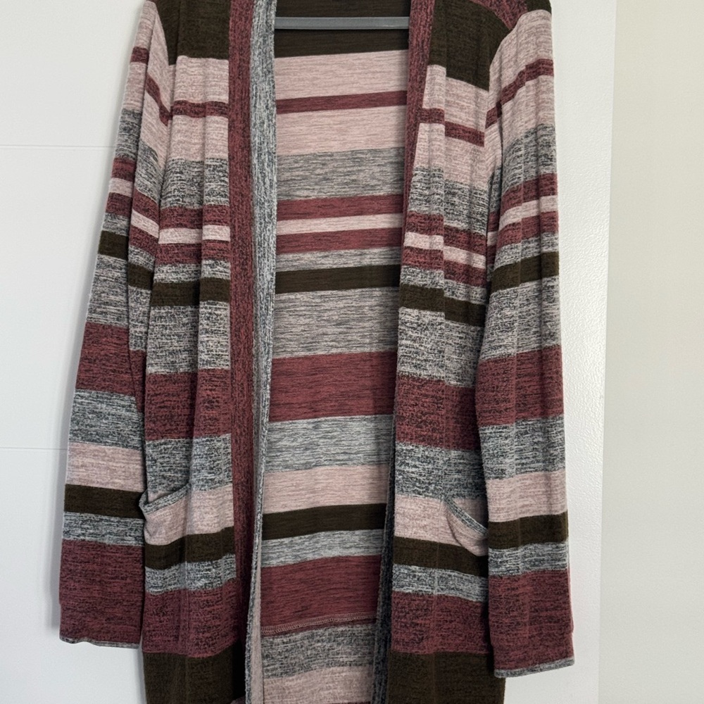 Bobeau Striped Open Front Cardigan | Size XL | Cozy Knit Duster with Pockets